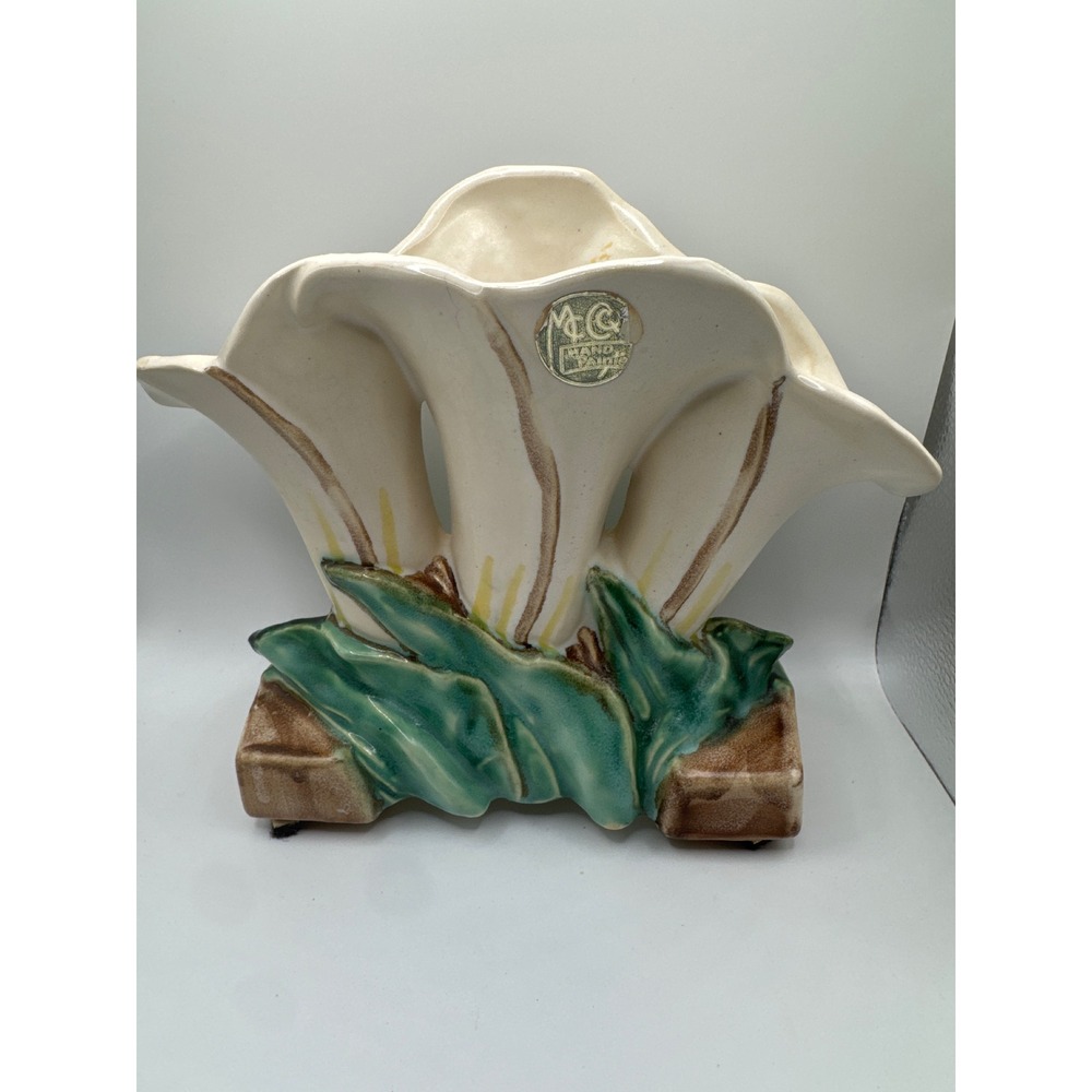 Vintage McCoy Pottery Calla Lily Triple Vase Hand Painted Cream Green 6.25in